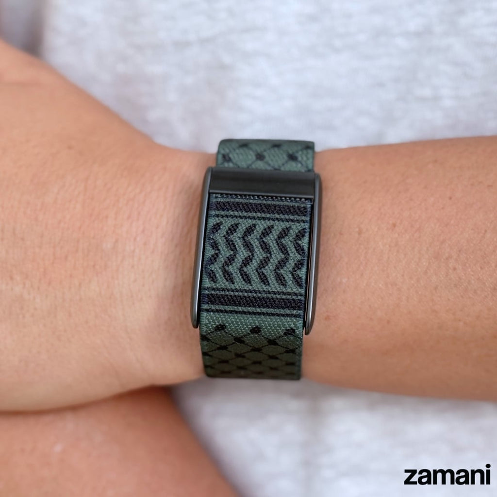 Close-up of the engraved olive green WHOOP band