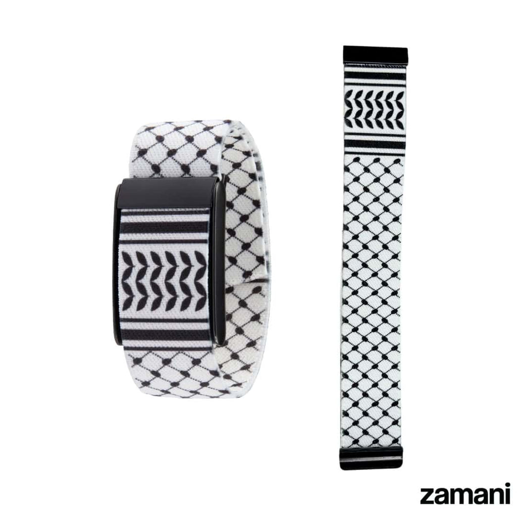 Keffiyeh WHOOP band worn on the wrist