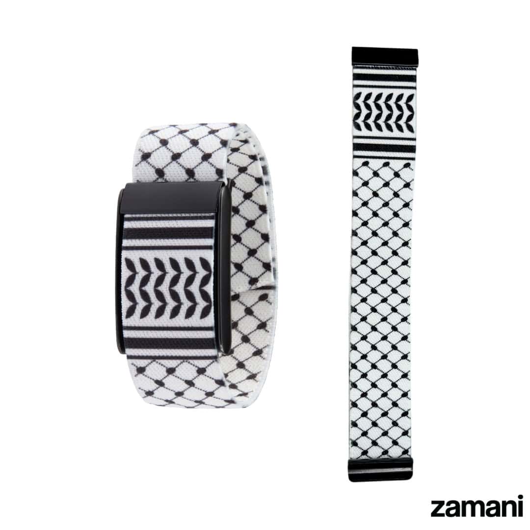 Keffiyeh WHOOP band worn on the wrist
