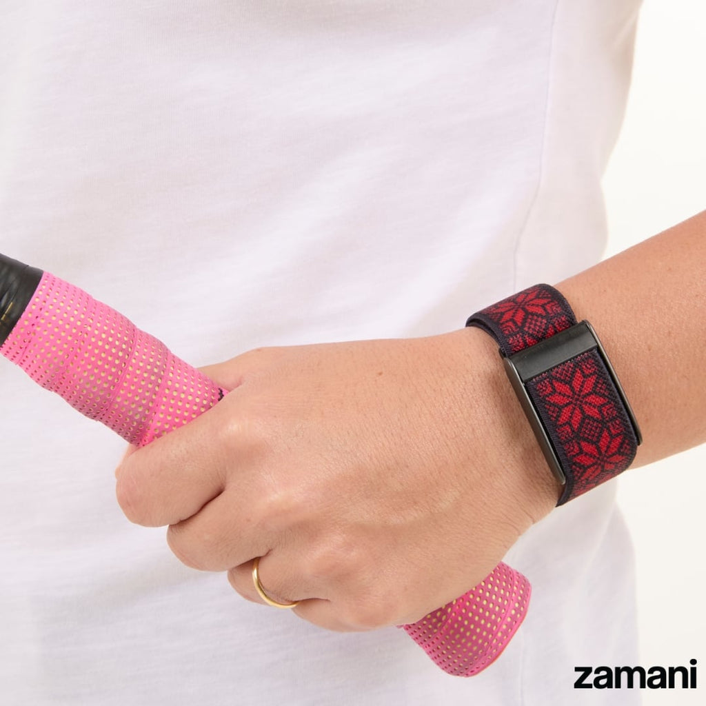Close-up of the Tatreez WHOOP band pattern
