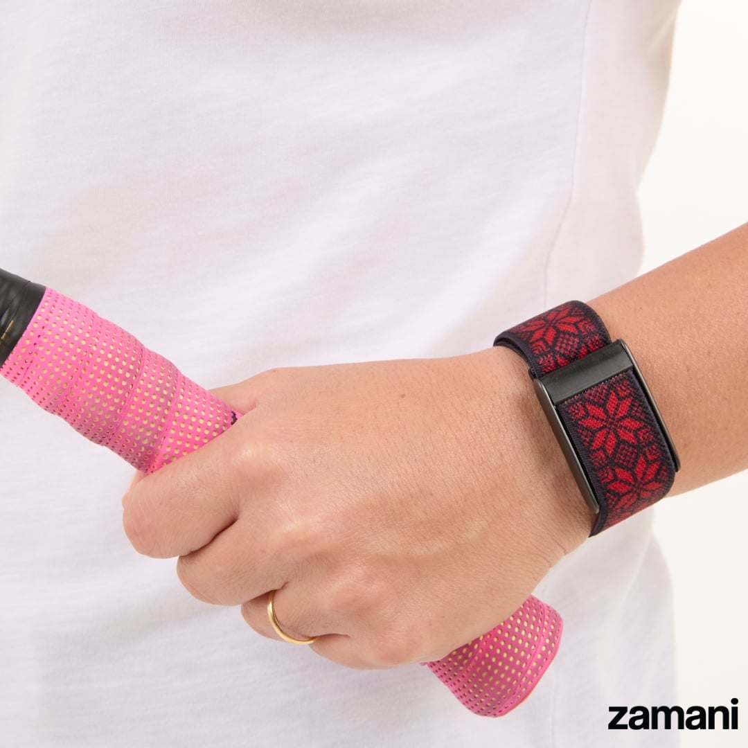 Close-up of the Tatreez WHOOP band pattern